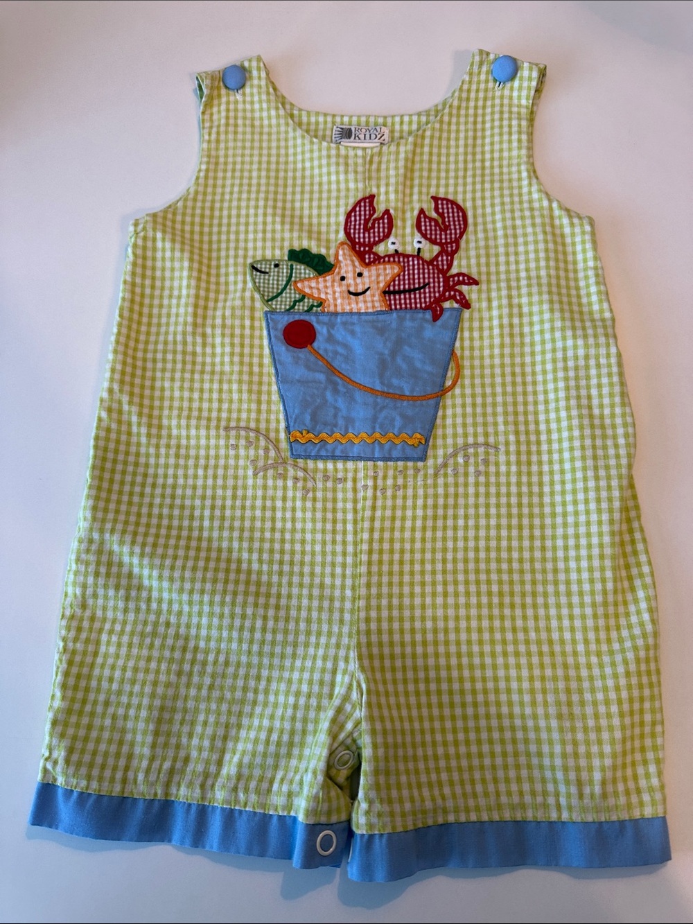 Light Green Gingham Romper with Blue Trim & Crab Appliqué